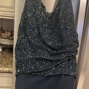 Elegant Navy Crystal Bead Embellished Sleeveless Dress, Gown.